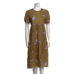 R13 Distressed Floral Tiered Midi Dress Olive Green Cotton Gauze Raw Hem Sz L